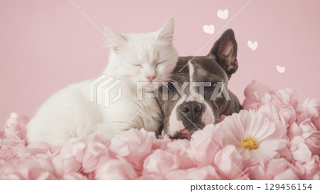 St Valentines Day postcard, Cat and dog hugging each other on color background with drawn hearts 129456154
