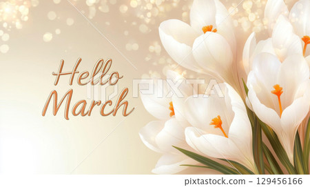 White crocus flowers with Hello March text and bokeh background 129456166