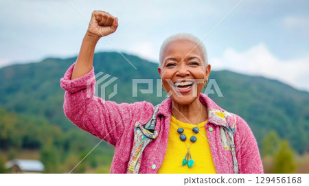 Black mature woman outdoors with raised fist of empowerment, strength and women solidarity, International Womens Day, Black History Month concept 129456168