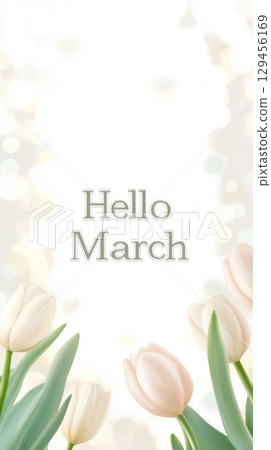 Pink tulips and bokeh light background with hello march text for spring 129456169