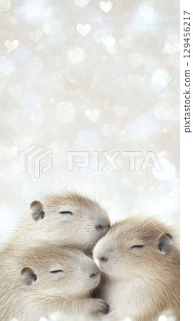 Capybara couple hugging, showcasing animal bonding, St Valentines Day postcard with hearts symbols Capybara couple hugging, showcasing animal bonding, St Valentines Day postcard with hearts symbols 129456217