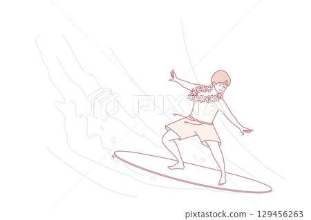 Happy boy child surfing on summer holidays 129456263
