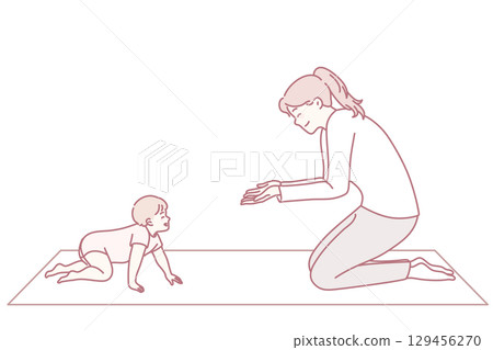 Loving mom play with baby infant at home 129456270