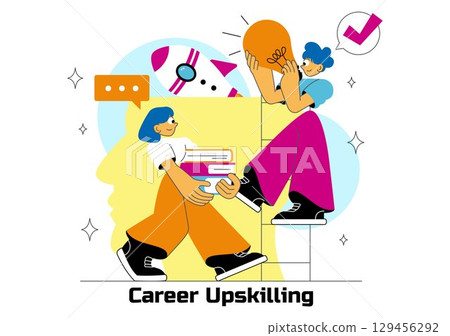 Career Upskilling Illustration featuring Self Improvement with Mentorship, Upskill, Development Strategies, and Smart Thinking in a Background 129456292