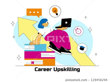 Career Upskilling Illustration featuring Self Improvement with Mentorship, Upskill, Development Strategies, and Smart Thinking in a Background 129456294