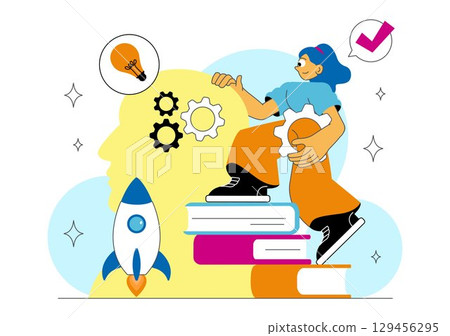 Career Upskilling Illustration featuring Self Improvement with Mentorship, Upskill, Development Strategies, and Smart Thinking in a Background 129456295