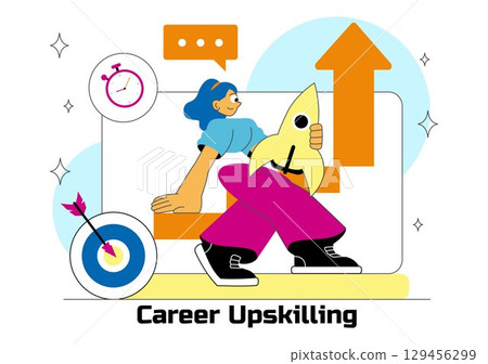 Career Upskilling Illustration featuring Self Improvement with Mentorship, Upskill, Development Strategies, and Smart Thinking in a Background 129456299