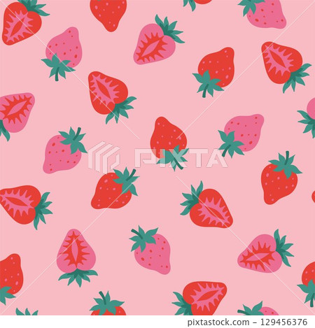 Pink seamless pattern with strawberries and strawberry halves. Vector graphics. 129456376