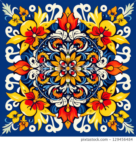 Mexican ceramic tile set with floral and geometric decorative blue red and yellow pattern Mexican ceramic tile set with floral and geometric decorative blue red and yellow pattern 129456484