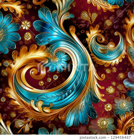 Paisley pattern with floral elements on red background, highly detailed 129456487