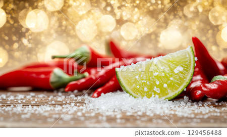 Macro shot of a fresh lime wedge with coarse salt, tequila appetizer background 129456488