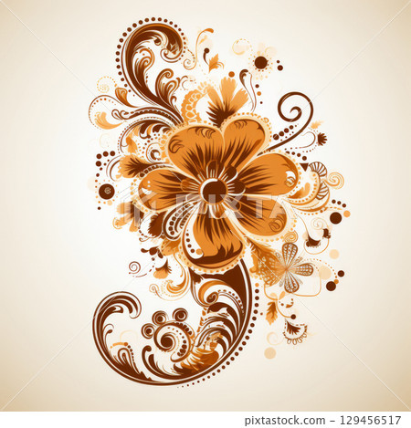 Traditional Indian henna pattern illustration with floral elements, background 129456517