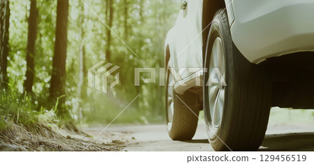 Blurred motion of car wheel during high-speed travel on road Blurred motion of car wheel during high-speed travel on road 129456519