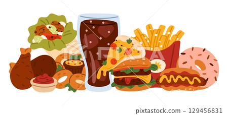 Appetizing array of fast food. Lunch eating. American cuisine. Burger with potato fries. Soda glass. Takeaway snack. Hotdog and shawarma. Chicken legs with sauce. Vector fastfood concept 129456831