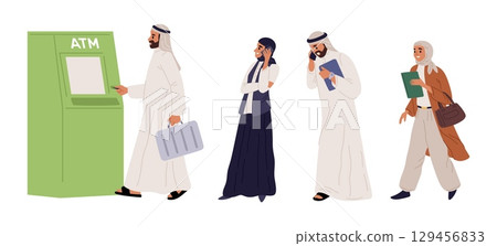 Arab men and women in traditional Muslim dress queue up to withdraw cash from ATM. Banking terminal. Withdrawing money. Electronic cashpoint. People standing in row. Vector concept 129456833