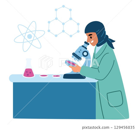 Arab woman scientist looks through microscope. Muslim female works in medical lab. Scientific experiment. Chemist in hijab doing chemical research. Laboratory beaker. Vector concept 129456835