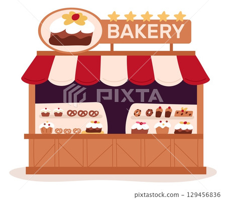 Bakery store building with open storefront of sweet baked goods. Donuts selling. Cookies and cakes at showcase. Market kiosk with awning. Pastry retail. Vector city landscape element 129456836