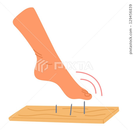 Barefoot human foot steps on steel nails sticking out of wooden board. Unexpected leg injury. Painful trauma. Careless inconsiderate walking. Harmful misfortune accident. Vector concept Barefoot human foot steps on steel nails sticking out of wooden board. Unexpected leg injury. Painful trauma. Careless inconsiderate walking. Harmful misfortune accident. Vector concept 129456839