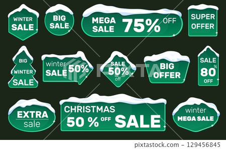 Beautiful Christmas banner with discounts. Winter season sale board on dark background. Snow covered billboard. Xmas promotion advertising. Shop special offer. Vector shopping signs set Beautiful Christmas banner with discounts. Winter season sale board on dark background. Snow covered billboard. Xmas promotion advertising. Shop special offer. Vector shopping signs set 129456845