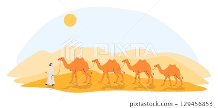 Caravan of camels on background of beautiful sandy landscape. Saudi man leading dromedary. Sand dunes panorama. Bedouin journey. Nature wild desert. Sahara barchans scene. Vector concept 129456853