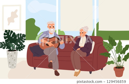 Elderly couple relaxing at home on couch. Senior man playing guitar to aged woman. Retired people leisure. Grandparents hobby. Happy family sitting together on sofa. Vector concept Elderly couple relaxing at home on couch. Senior man playing guitar to aged woman. Retired people leisure. Grandparents hobby. Happy family sitting together on sofa. Vector concept 129456859