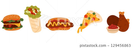 Fast street food. Burger with potato fries. Tasty pizza. Takeaway snack. Hotdog or shawarma. Chicken legs. American cuisine. Unhealthy nutrition. Vector set of colorful fastfood icons 129456863