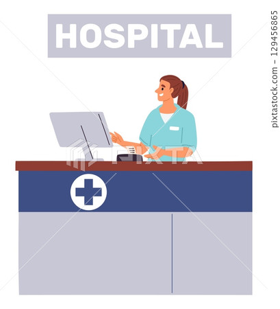 Female nurse in hospital is conducting appointment standing behind reception desk. Woman at counter with computer. Medical service receptionist. Health care and treatment. Vector concept 129456865
