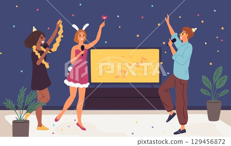 Fun group of cheerful friends singing songs into microphone at party. Happy people dancing together. Joyful singers at TV. Birthday celebration. Festive entertainment. Vector concept Fun group of cheerful friends singing songs into microphone at party. Happy people dancing together. Joyful singers at TV. Birthday celebration. Festive entertainment. Vector concept 129456872