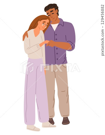 Man comforts crying woman. People hug. Guy caring and helping to upset girl. Soothing embrace. Psychological support. Manifestation of empathy. Solidarity to worried person. Vector concept 129456882