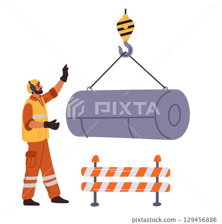 Man installer in uniform with hoisting crane at construction site. Weight lifting. Industrial freight loading. Attention barrier. Builder hanging heavy tube with hook. Vector concept Man installer in uniform with hoisting crane at construction site. Weight lifting. Industrial freight loading. Attention barrier. Builder hanging heavy tube with hook. Vector concept 129456886