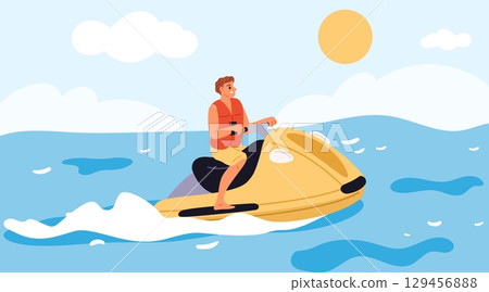 Man rides jet ski through ocean waves. Water scooter. Sea travel. Seaside speed transport. Extreme waterskiing. Resort leisure. Guy driving aqua bike. Summer vacation. Vector concept Man rides jet ski through ocean waves. Water scooter. Sea travel. Seaside speed transport. Extreme waterskiing. Resort leisure. Guy driving aqua bike. Summer vacation. Vector concept 129456888