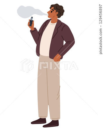 Man smokes electronic cigarette. Guy takes puff and lets vapor out of mouth. Nicotine addiction. Person inhaling fume. Unhealthy lifestyle. Smoker with e-cig vaporizer. Vector concept 129456897