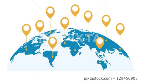 Map of Earths continents with gold geo tagged locations. Navigation pins. International connection. Global network. Worldwide communication technology. Travel destinations. Vector concept 129456903