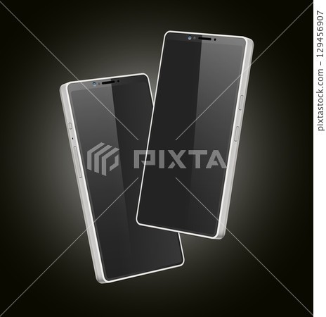 Realistic mockups of two smartphones with dark screen on black background. 3D gadgets presentation. Mobile touchscreen. Phone app displays. Smart technology. Vector electronic devices 129456907