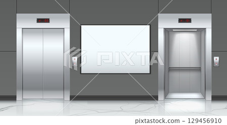 Realistic modern open and closed elevator with large mockup of advertising poster on wall. Blank billboard. Steel lift doors. Chrome 3D doorway. Hall empty banner. Vector background 129456910