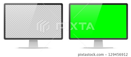 Realistic monitor mockup with transparent and green color plasma screen for advertisement or design. PC display. Modern computer front view. Electrical equipment. Vector 3D objects set 129456912