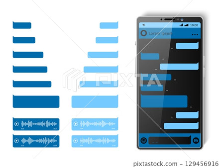 Realistic smartphone message design. Messenger speech bubbles. Blank dialog frame for text and voice mail. Sending voicemail. Mobile application UI. Phone interface elements vector set 129456916