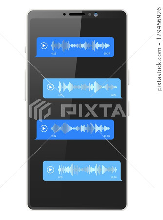 Realistic smartphone screen with voice messages. Record audio messages for phone chatting. Communication technology. Digital soundwave. Messenger application. Vector cellphone display 129456926
