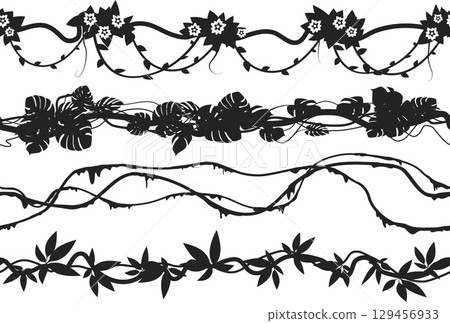 Seamless pattern of tropical vines. Black silhouette branches with moss and flowers. Forest leaves. Climbing lianas. Intertwining creepers. Rainforest foliage. Vector ivy elements set Seamless pattern of tropical vines. Black silhouette branches with moss and flowers. Forest leaves. Climbing lianas. Intertwining creepers. Rainforest foliage. Vector ivy elements set 129456933