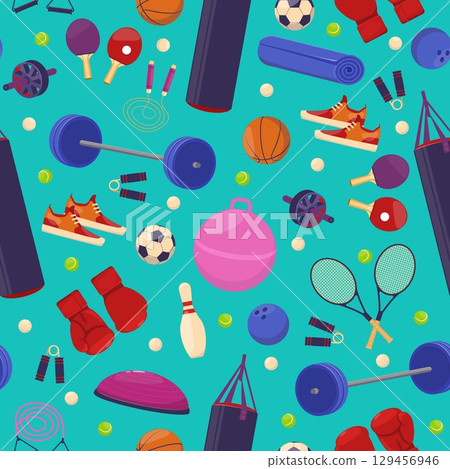 Sports equipment for fitness activities seamless pattern. Sportwear and sneakers. Exercise espander. Training with barbell. Tennis racket and ball. Athletic boxing bag. Vector background Sports equipment for fitness activities seamless pattern. Sportwear and sneakers. Exercise espander. Training with barbell. Tennis racket and ball. Athletic boxing bag. Vector background 129456946