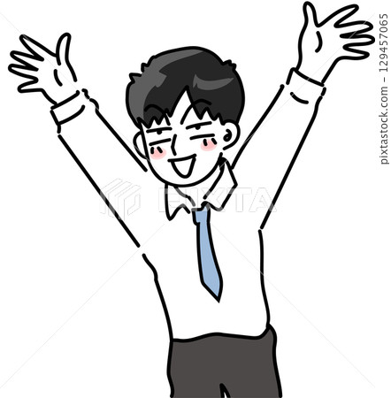 Vector illustration of a young employee waving his hand and having fun Vector illustration of a young employee waving his hand and having fun 129457065