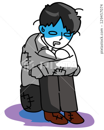 向量圖上是一位精疲力竭、絕望地坐在地板上的年輕上班族 向量圖上是一位精疲力竭、絕望地坐在地板上的年輕上班族 129457074