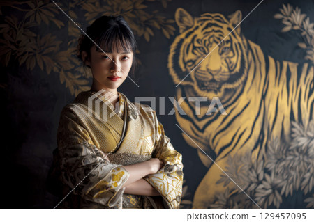 一位身著和服的女子站在金虎畫前 一位身著和服的女子站在金虎畫前 129457095