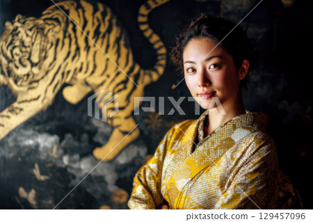 A woman in a kimono in front of a painting of a golden tiger 129457096