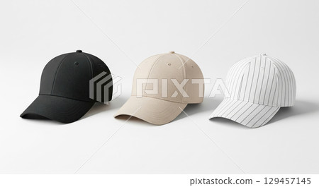 Fashion accessory mockup showing three baseball caps on white background, blank template of black, beige and striped hats for brand identity or logo design Fashion accessory mockup showing three baseball caps on white background, blank template of black, beige and striped hats for brand identity or logo design 129457145