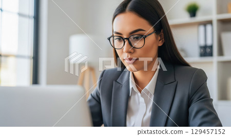 Corporate business concept with professional woman in glasses working on laptop, focused young female employee or manager typing in modern office for career theme Corporate business concept with professional woman in glasses working on laptop, focused young female employee or manager typing in modern office for career theme 129457152
