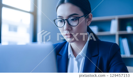Business technology concept showing asian woman working on computer at night, serious female programmer coding on laptop in dark office with blue light Business technology concept showing asian woman working on computer at night, serious female programmer coding on laptop in dark office with blue light 129457153