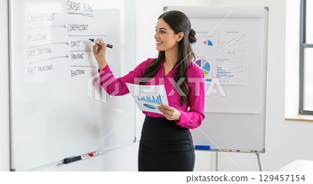 Business strategy concept with professional woman writing on whiteboard, female manager explaining marketing plan during corporate presentation or training session in office meeting 129457154
