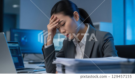 Work fatigue concept showing tired businesswoman with headache sleeping at desk, exhausted female employee overworked with much paper document for deadline problem theme Work fatigue concept showing tired businesswoman with headache sleeping at desk, exhausted female employee overworked with much paper document for deadline problem theme 129457155