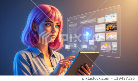 Futuristic technology concept with beautiful woman using tablet and holographic interface, young creative developer interacting with ethical ai platform for content generation project Futuristic technology concept with beautiful woman using tablet and holographic interface, young creative developer interacting with ethical ai platform for content generation project 129457156